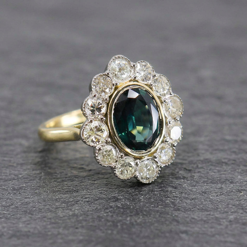 Pre-Owned 18ct Gold Teal Sapphire & Diamond Cluster Ring