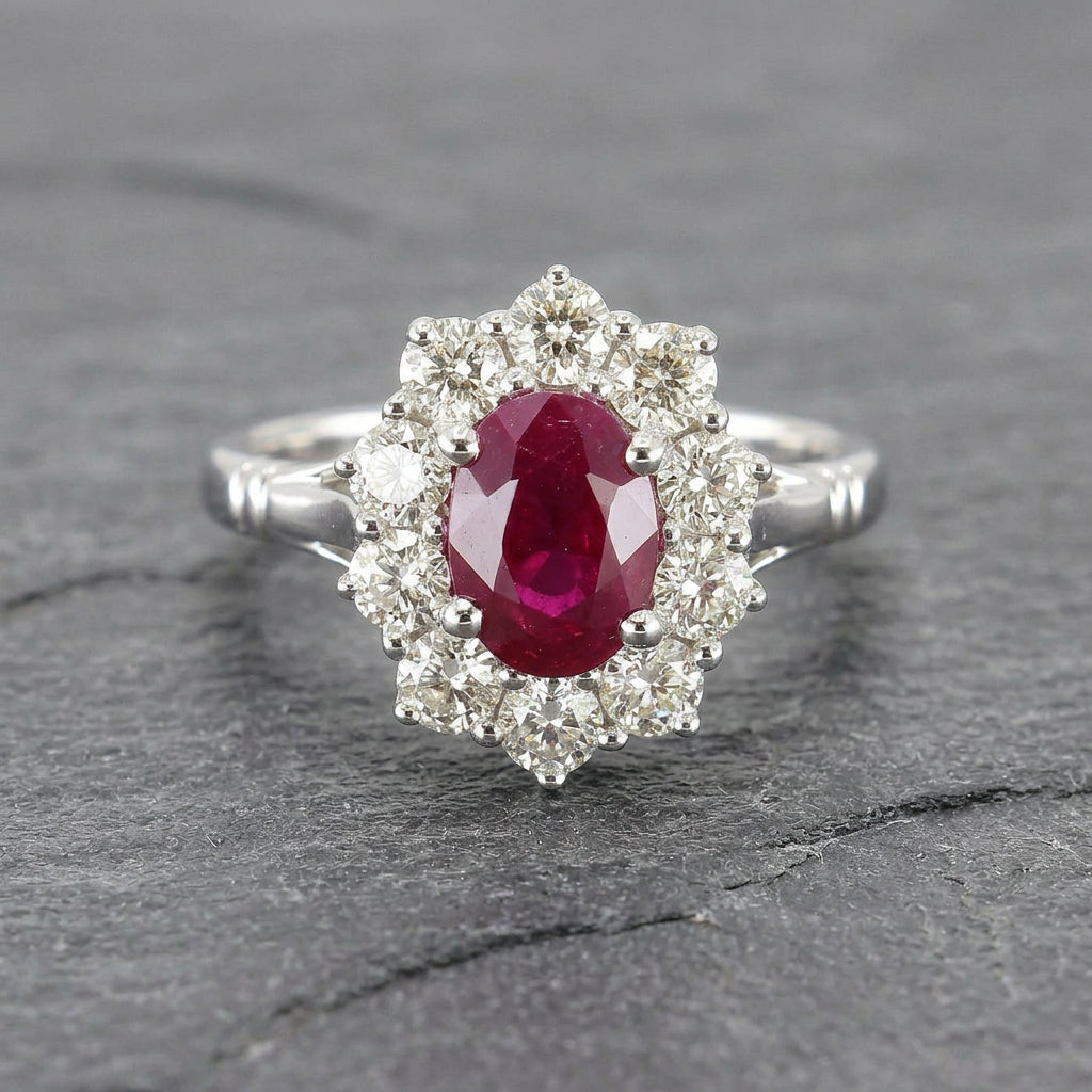 Pre-Owned 9ct White Gold Oval Ruby & Diamond Cluster Ring