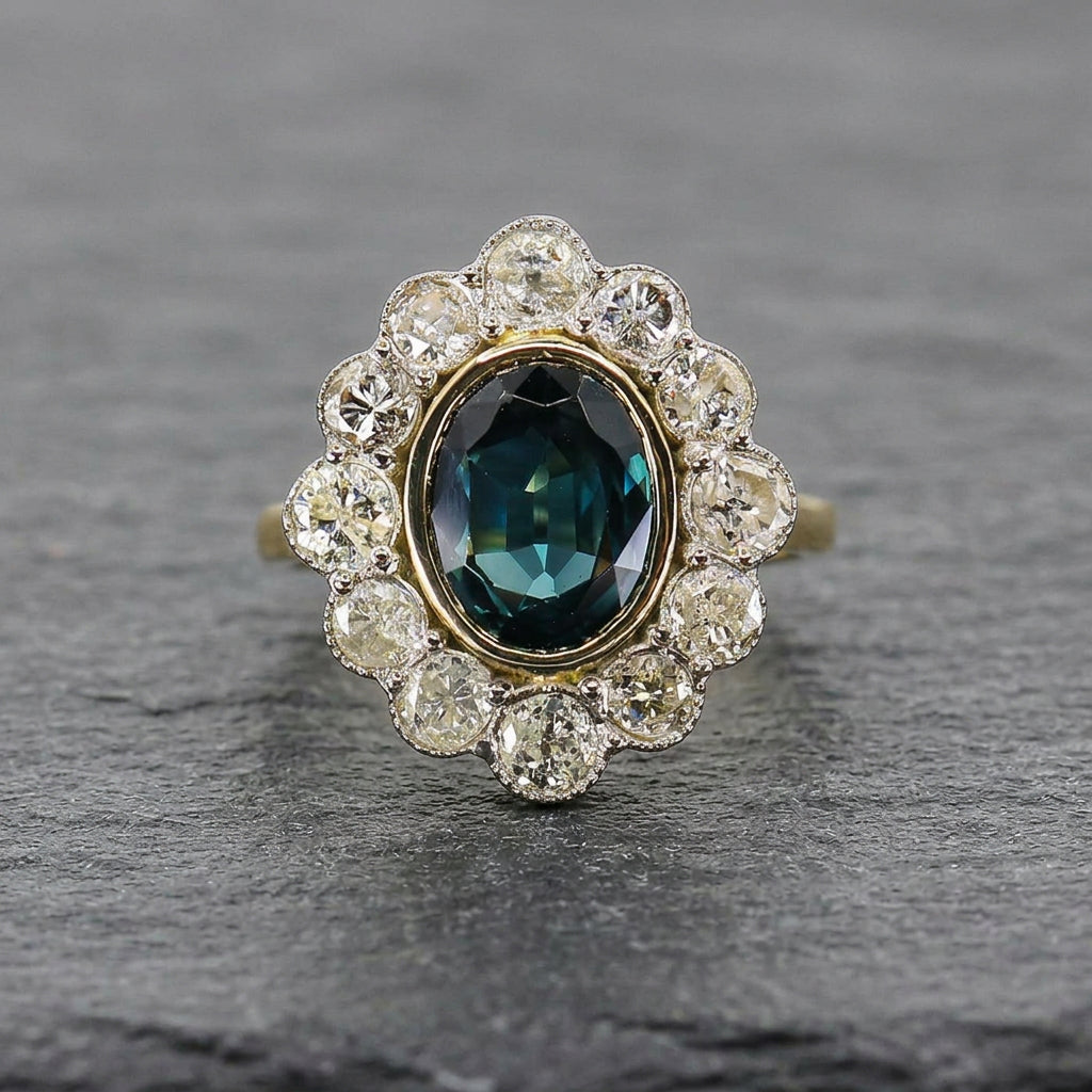 Pre-Owned 18ct Gold Teal Sapphire & Diamond Cluster Ring