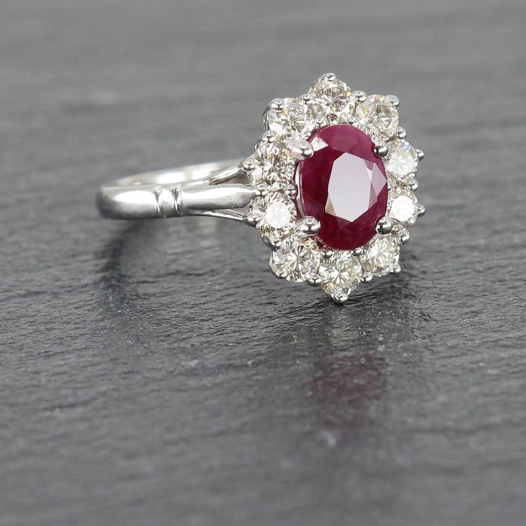Pre-Owned 9ct White Gold Oval Ruby & Diamond Cluster Ring