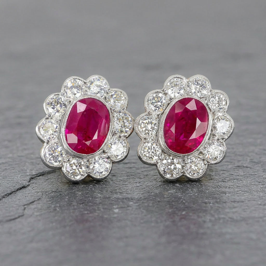 Pre-Owned 14ct Gold Two Colour Gold Ruby & Diamond Cluster Studs