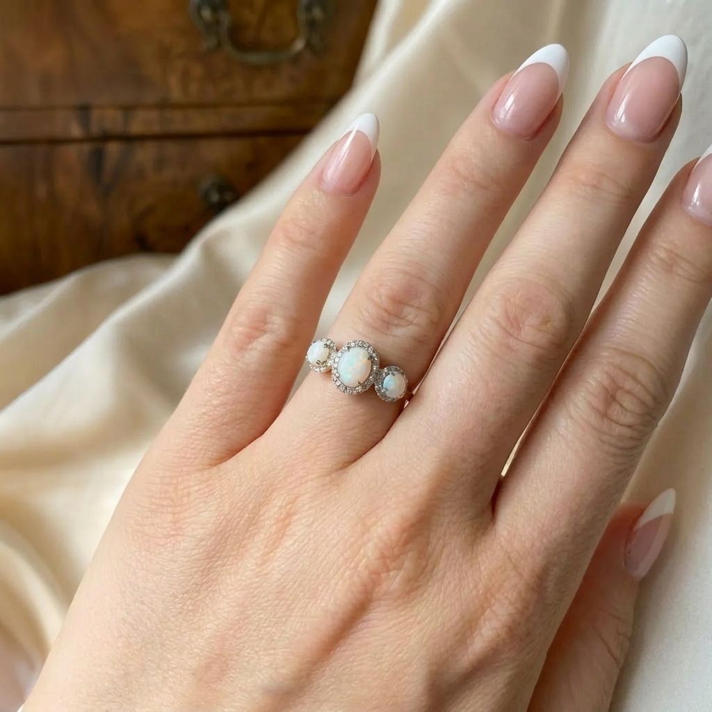 Pre-Owned 9ct Yellow Gold Four Claw Set Opal & Diamond Trilogy Cluster Ring