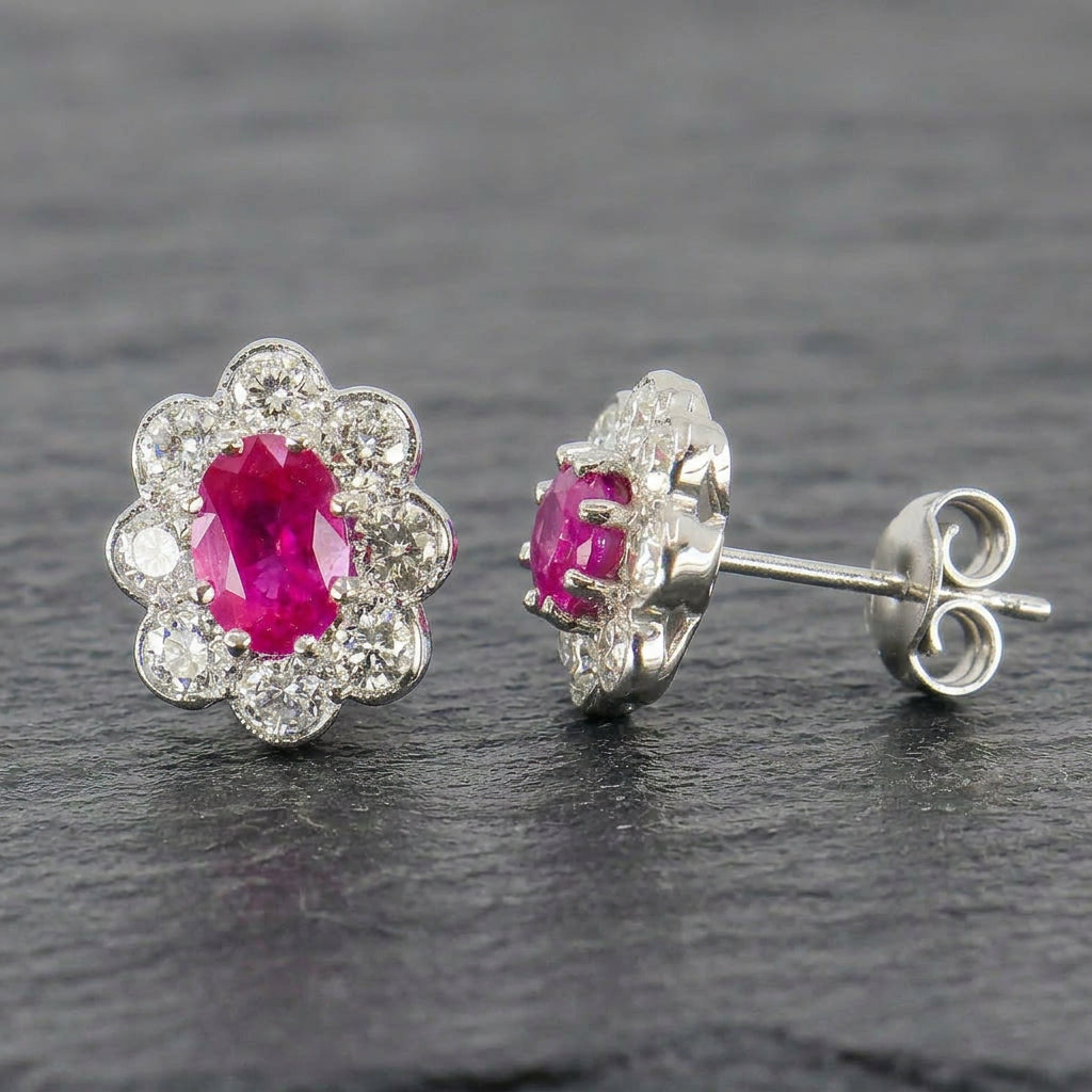 Pre-Owned 18ct White Gold Ruby & Diamond Cluster Stud Earrings