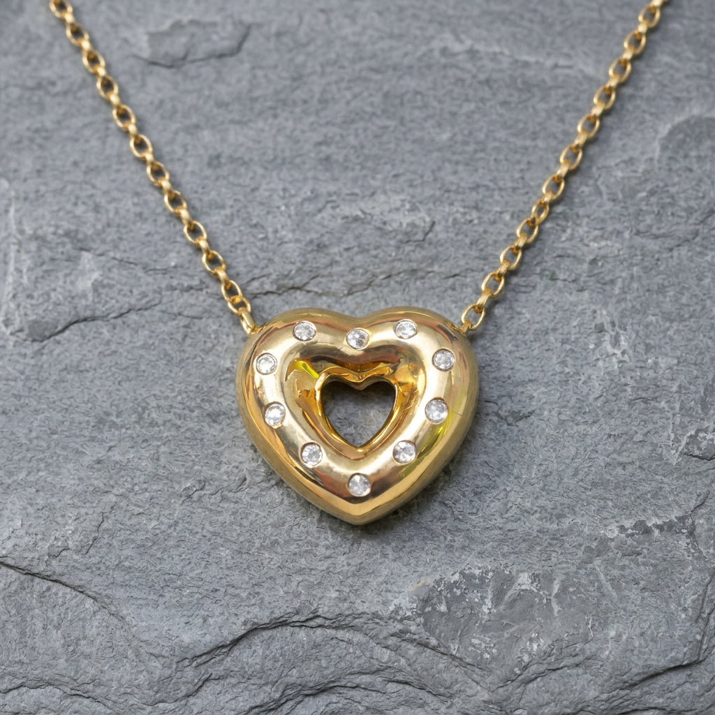 Pre-Owned 9ct Yellow Gold Diamond Set Open Puff Heart Pendant & Chain
