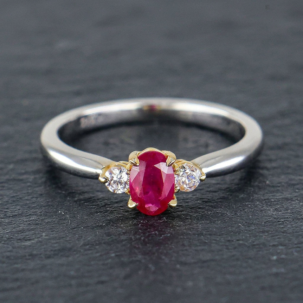Pre-Owned 18ct White Gold Ap.0.53ct Oval Ruby &  Diamond Three Stone Ring