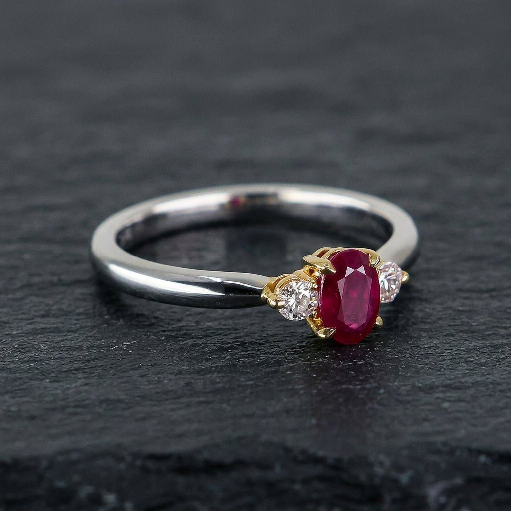 Pre-Owned 18ct White Gold Ap.0.53ct Oval Ruby &  Diamond Three Stone Ring
