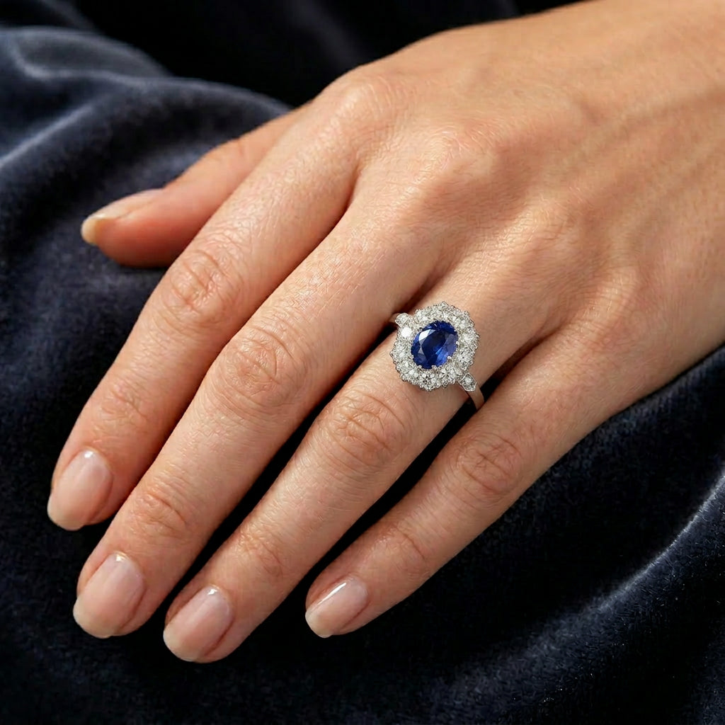 Pre-Owned Platinum Sapphire & Diamond Cluster Ring