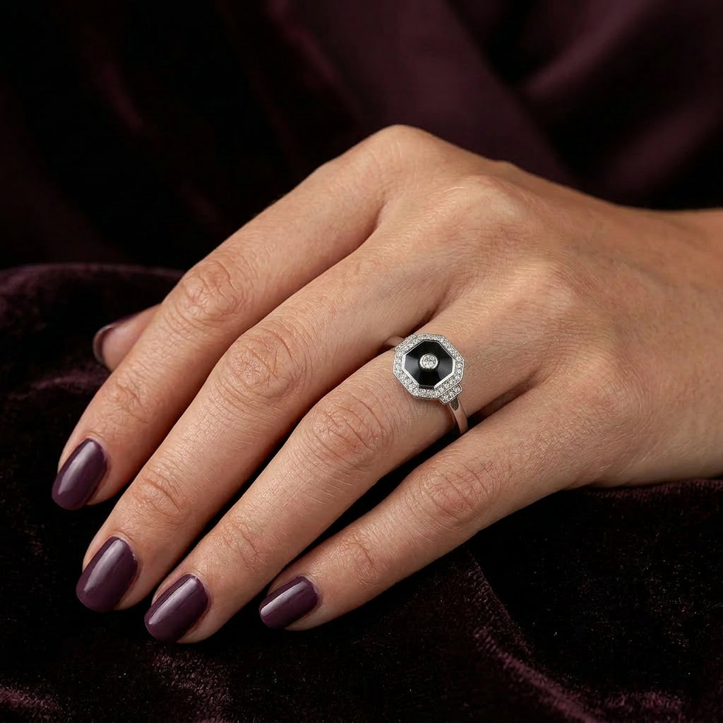 Pre-Owned 9ct White Gold Octagonal Deco Style Enamel & Round Brilliant Cut Diamond Cluster Ring