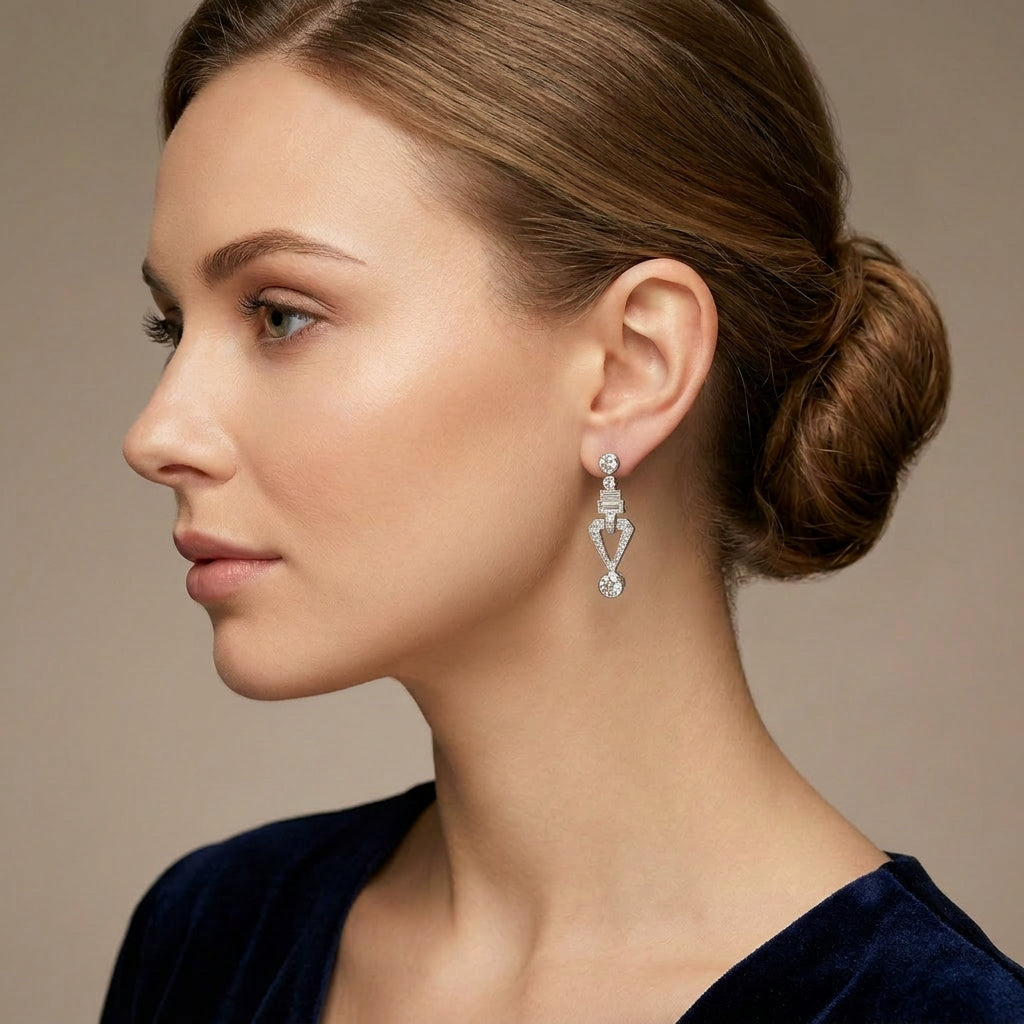 Pre-Owned 14ct White Gold Approx.1.25ct Diamond Art Deco Style Drop Earrings