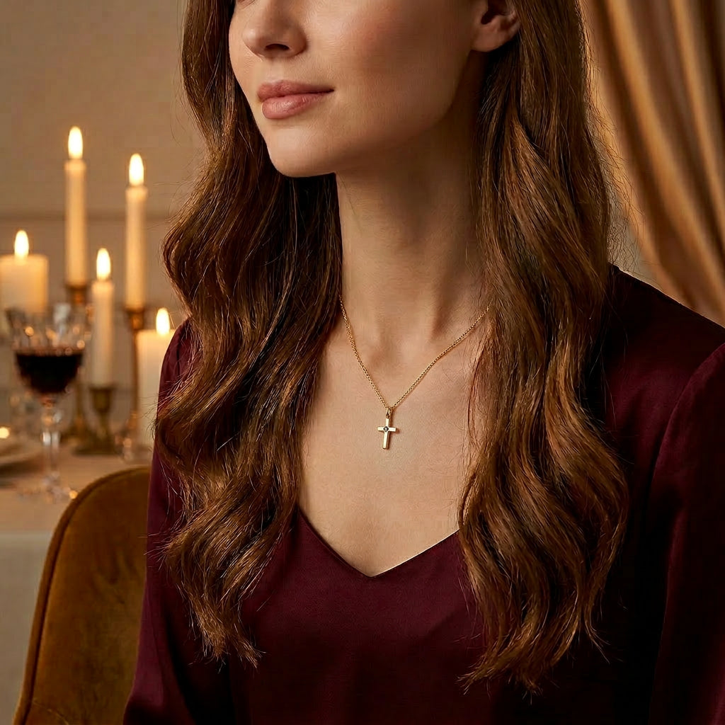 Pre-Owned 18ct Yellow Gold Single Diamond Set Cross & Chain