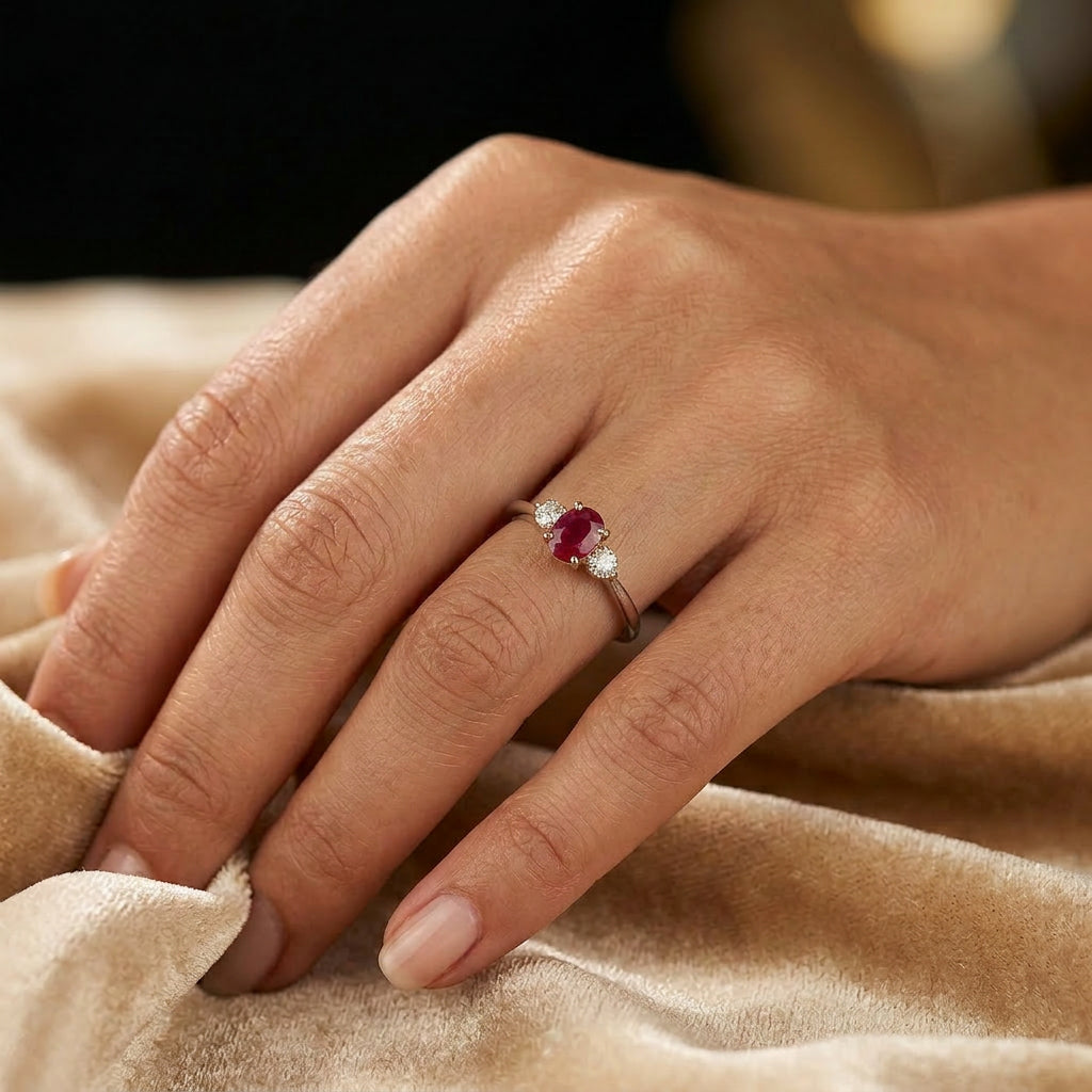 Pre-Owned 18ct White Gold Ap.0.53ct Oval Ruby &  Diamond Three Stone Ring