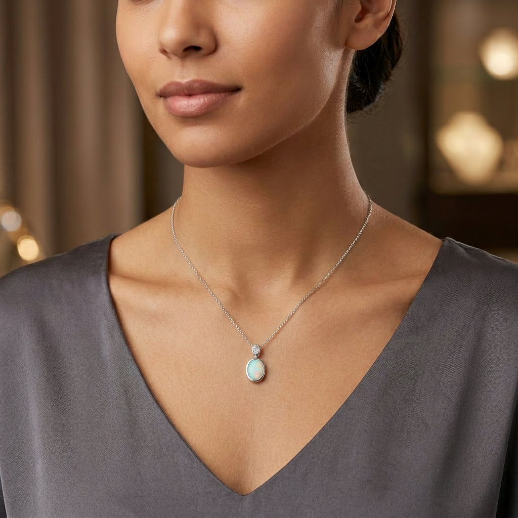 Pre-Owned 18ct White Gold Opal & Diamond Rub Set Pendant & Chain