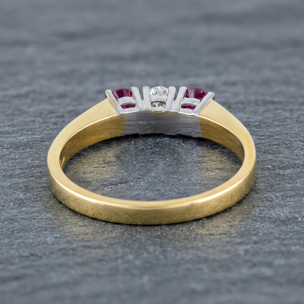 Pre-Owned 18ct Yellow Gold Round Ruby & Brilliant Cut Diamond Claw Set Trilogy Ring