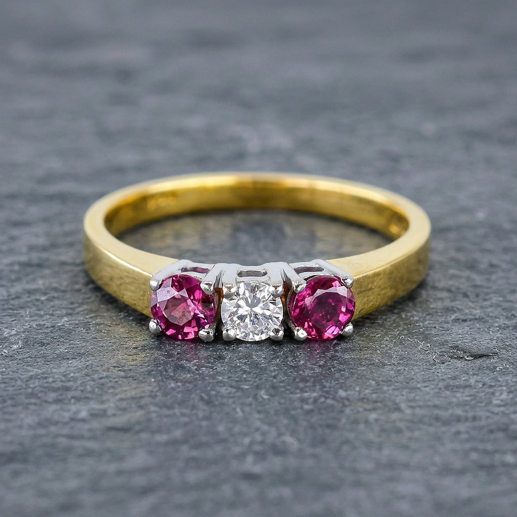 Pre-Owned 18ct Yellow Gold Round Ruby & Brilliant Cut Diamond Claw Set Trilogy Ring