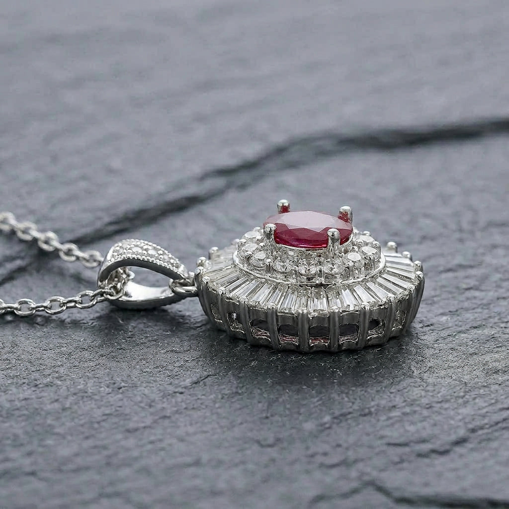 Pre-Owned 9ct White Gold Ruby & Diamond Sunray Cluster Pendant & Chain