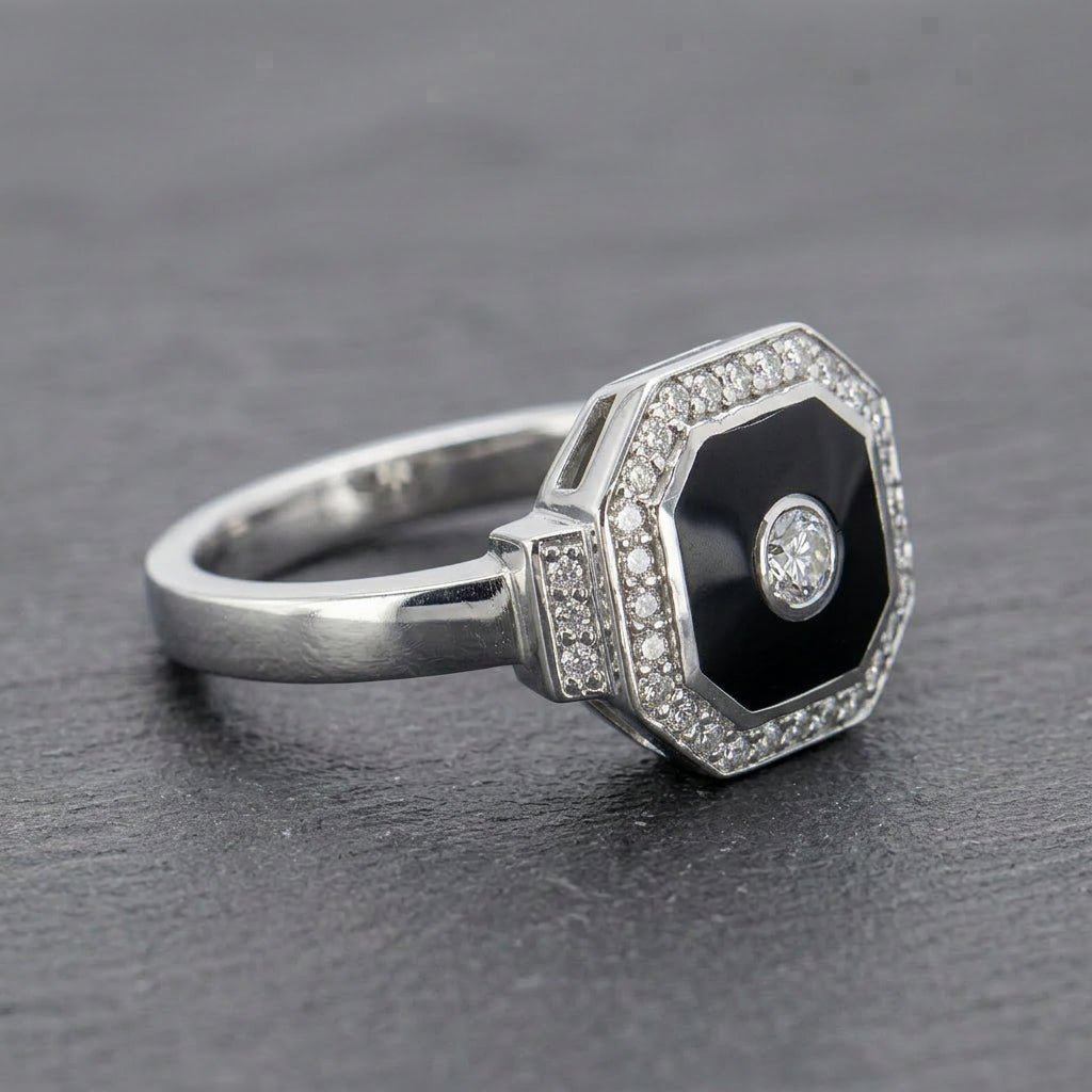 Pre-Owned 9ct White Gold Octagonal Deco Style Enamel & Round Brilliant Cut Diamond Cluster Ring