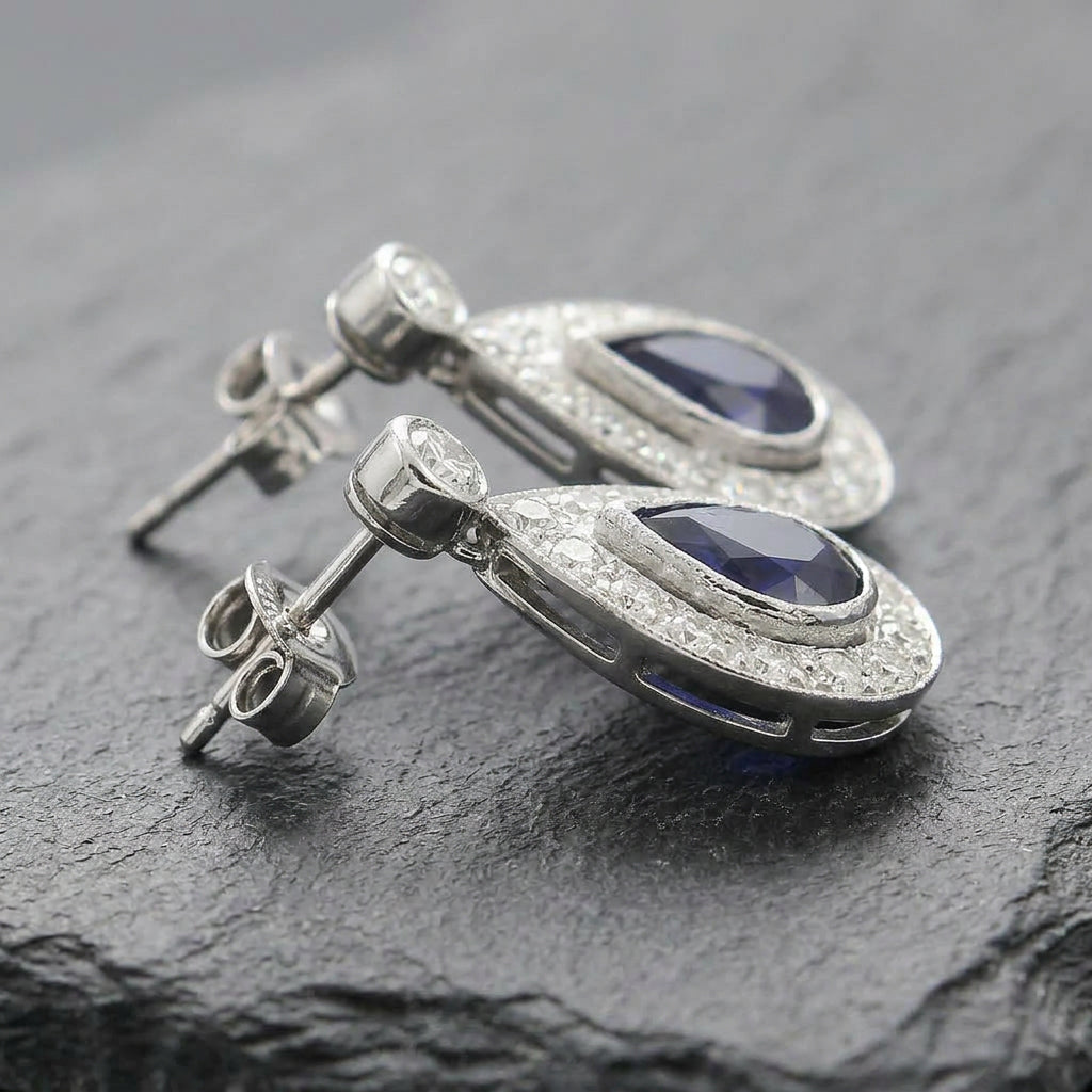 Pre-Owned 18ct White Gold Sapphire & Diamond Drop Earrings