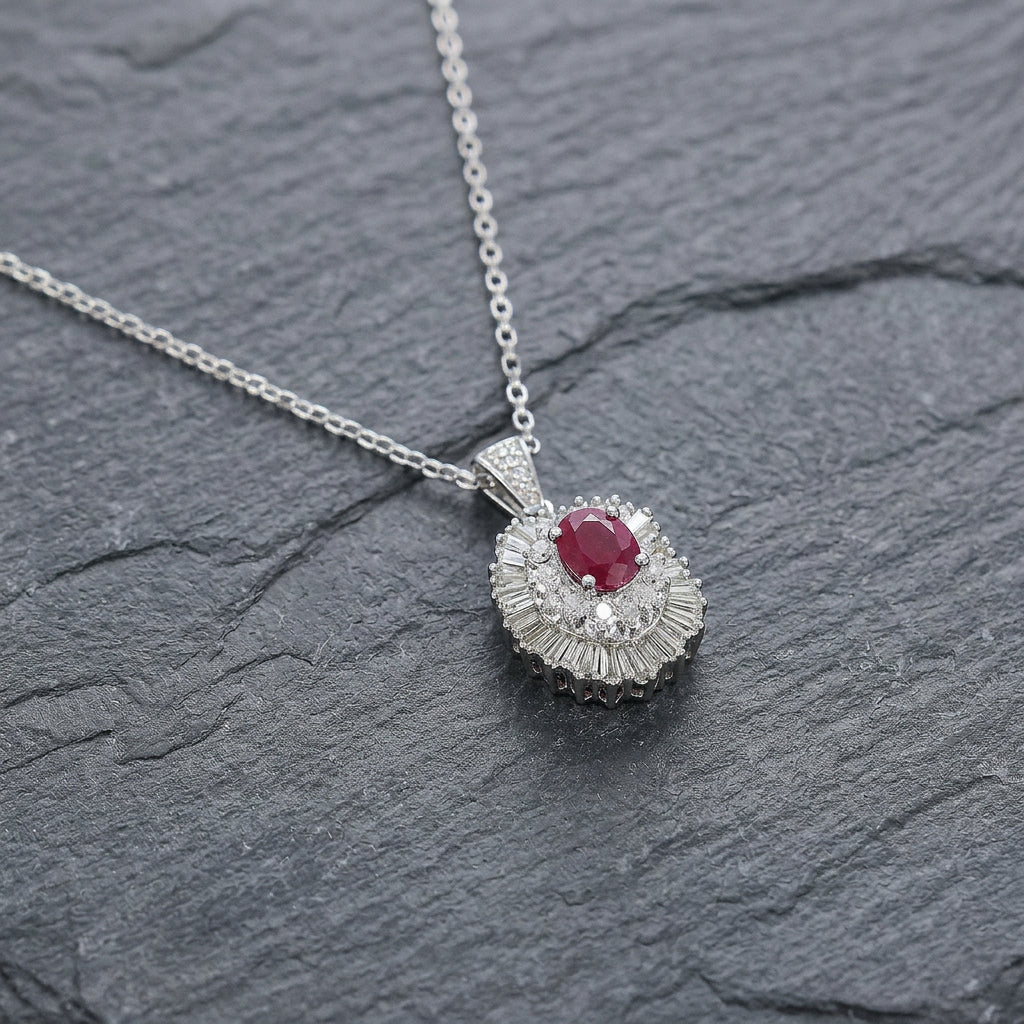 Pre-Owned 9ct White Gold Ruby & Diamond Sunray Cluster Pendant & Chain