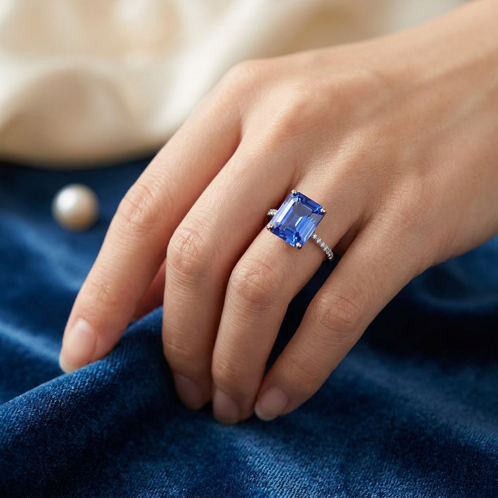 Pre-Owned 18ct White Gold Emerald Cut Sapphire & Diamond Ring