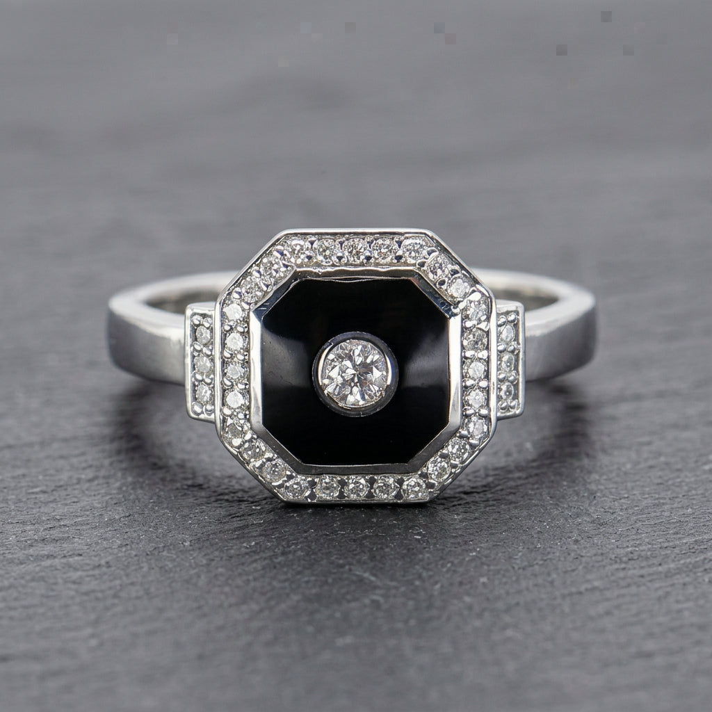 Pre-Owned 9ct White Gold Octagonal Deco Style Enamel & Round Brilliant Cut Diamond Cluster Ring