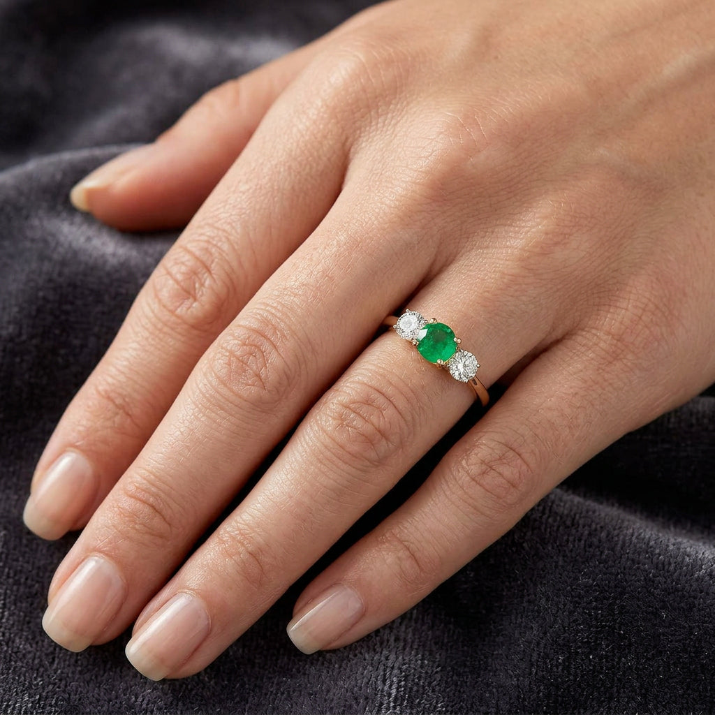 Pre-Owned 9ct Yellow Gold Emerald & Diamond Three Stone Ring