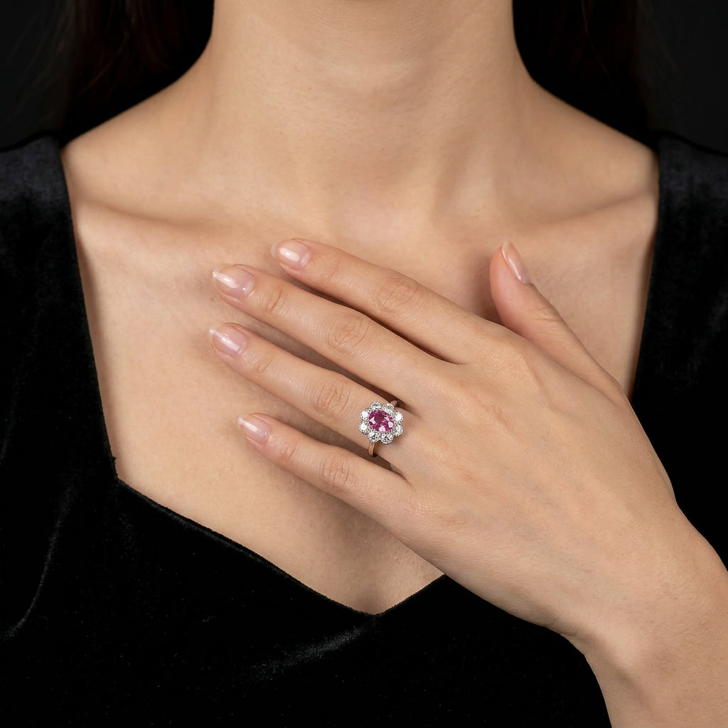 Pre-Owned Platinum Pink Sapphire and Diamond Cluster Ring