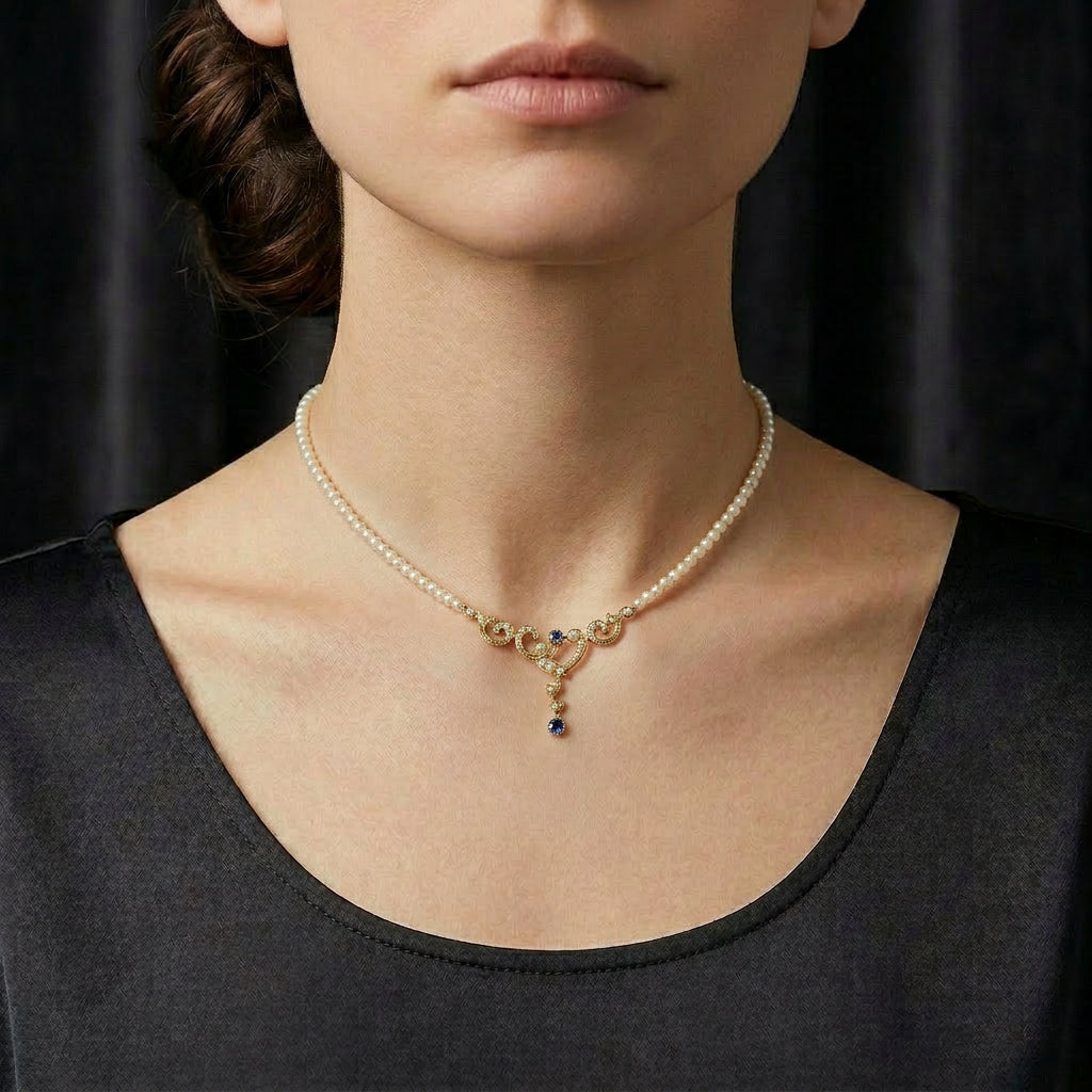 Pre-Owned 18ct Yellow Gold Sapphire & Pearl Necklace