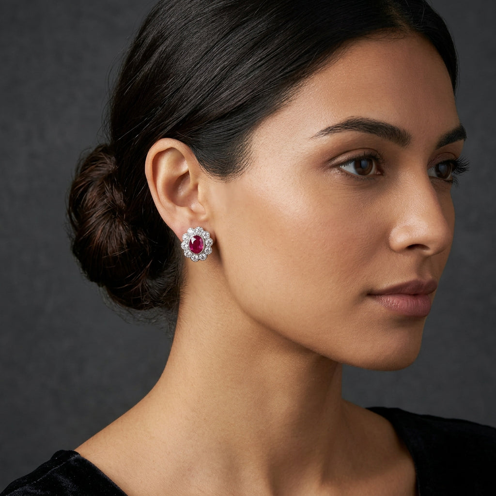 Pre-Owned Two Colour Gold Ruby & Diamond Cluster Studs