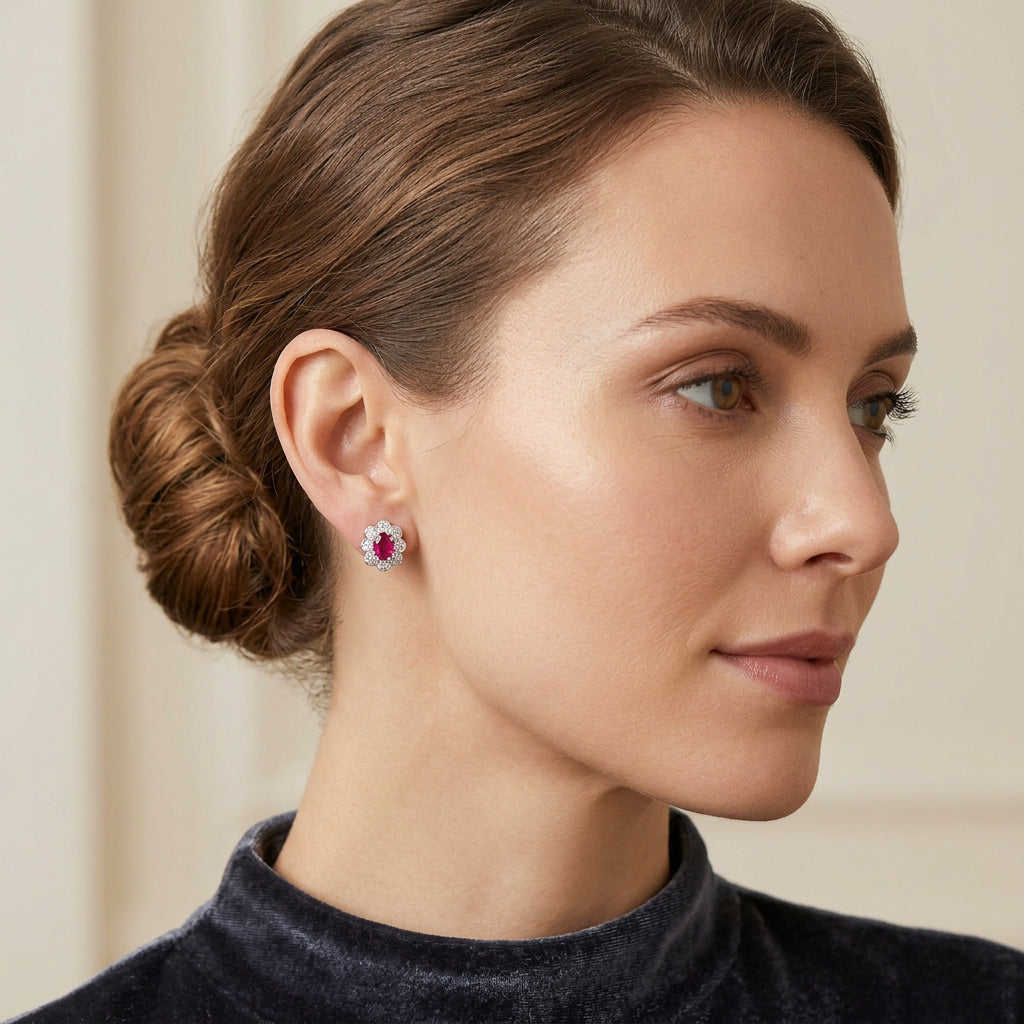 Pre-Owned 18ct White Gold Ruby & Diamond Cluster Stud Earrings