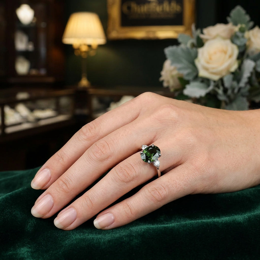 Pre-Owned Platinum Checkerboard Oval Green Tourmaline & Diamond Claw Set Three Stone Ring