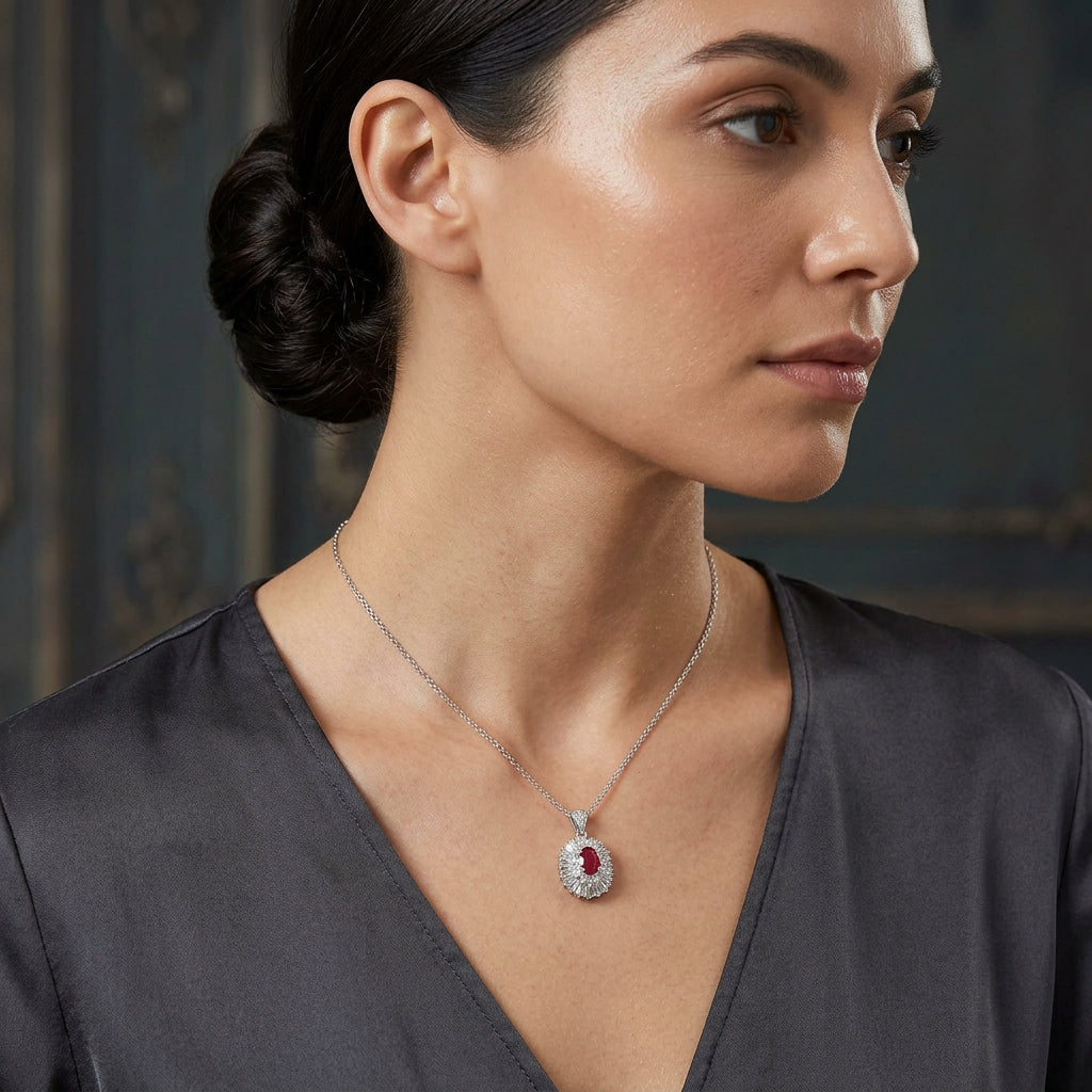 Pre-Owned 9ct White Gold Ruby & Diamond Sunray Cluster Pendant & Chain