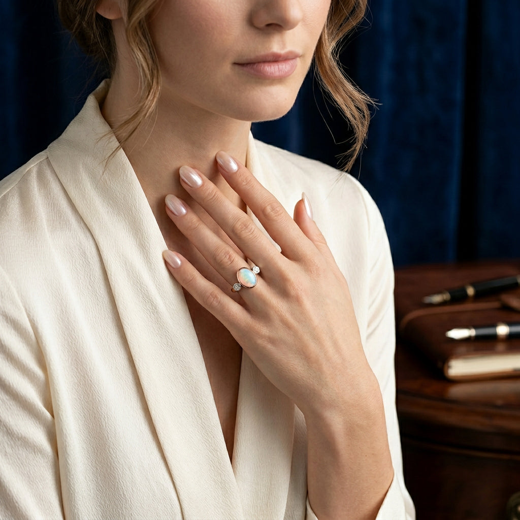 Pre-Owned Platinum & 18ct Rose Gold Oval Opal & Round Brilliant Cut Diamond Three Stone Ring