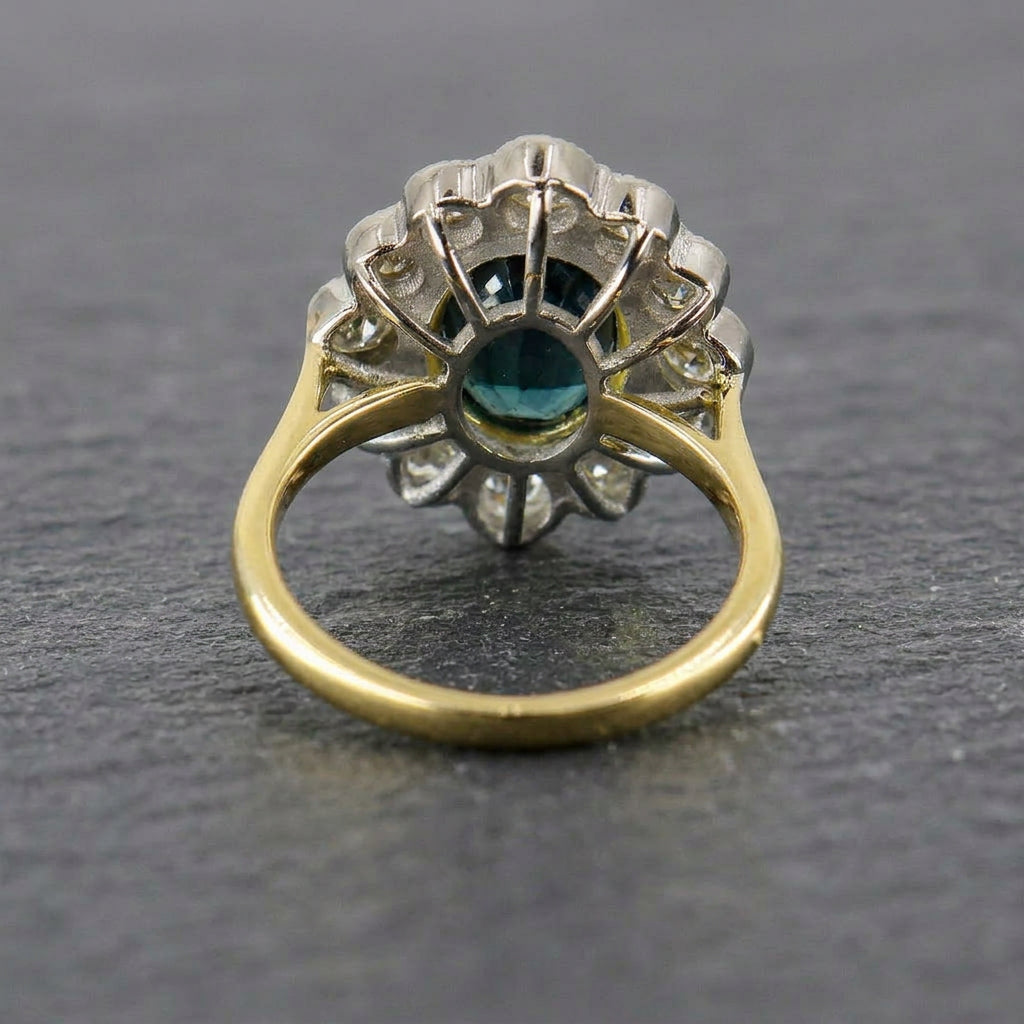 Pre-Owned 18ct Gold Teal Sapphire & Diamond Cluster Ring
